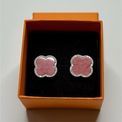 Silver Moissanite Pink Clover Stud Earrings Metal Silver Flower Design Lobe
