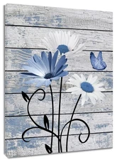 Farmhouse Floral Wall Art for Living Room, Blue and White Daisy Flower and Bu...