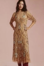 Anthropologie Let Me Be Embellished Deep-V Dress Sz M Sequin Retro Flapper 20's