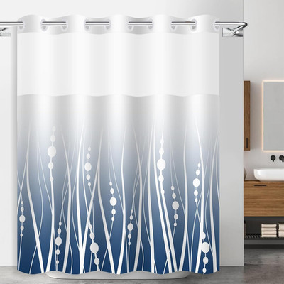 No Hook Stripe Shower Curtain and Liner Set Blue Gradient Background with White