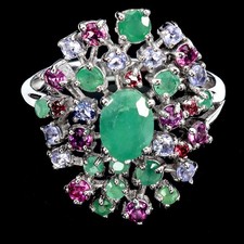 925 Anello Argento Sterling Ovale Smeraldo 7x5mm Tanzanite Gemma Taglia 7.5