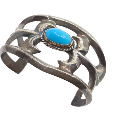 Navajo Old Vintage Sandcast Coin Silver Cuff Bracelet Turquoise Mens 7''
