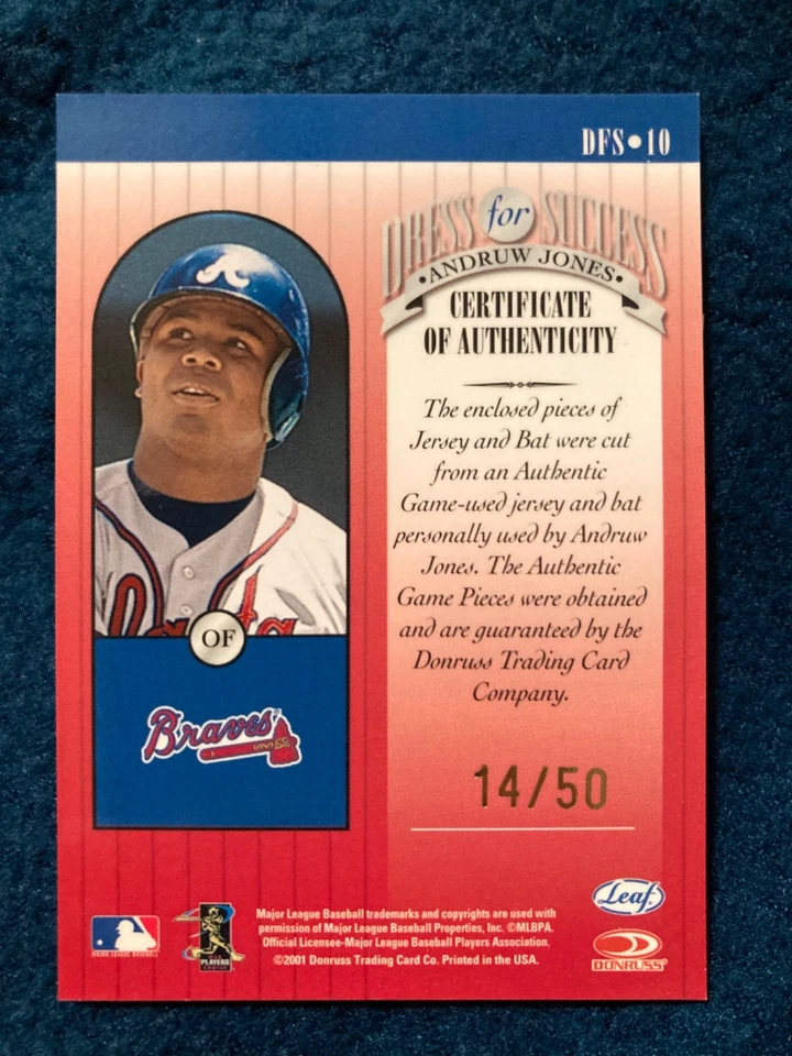 2001 Leaf платье для успеха Andruw Jones /50 #DFS-10 игры носили/б/у Джерси/бита🔥 - Изображение 3 из 3