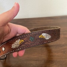 Vintage western hand tooled leather belt floral silver buckle American eagle