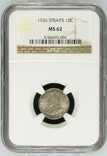 1926 STRAITS SETTLEMENTS Silver 10 CENTS NGC MS-62