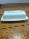 Vintage Pyrex Blue and Milk Glass Snowflake Garland Butter Dish with Lid
