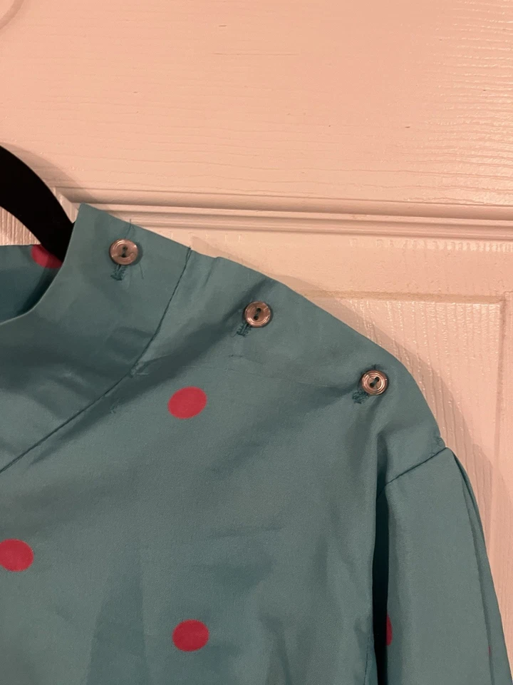 Blusa Vintage Cosida a Mano Años 70 Azul Turquesa Rosa Caliente Lunares Talla M Foto 4 de 4