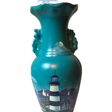 Blue Lighthouse Pattern Nautical Decorative Flower Vase, Freestanding Urn