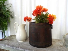 Antique Dark Wood Large Bailed Firkin Bucket Primitive H 11.5"