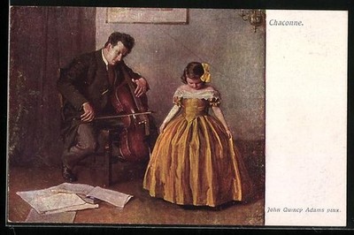 Künstler-AK sign. John Quincy Adams: Chaconne, Cellist und tanzendes Mädchen im 