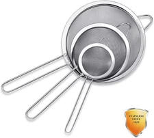 3 Pack Stainless Steel 18/8 Extra Fine Mesh Strainers, Large, Medium & Small Sif