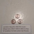 Lot #153 3 Beautiful 1950 Lincoln Wheats 1950-P 1950-D 1950-S F-VF See Pictures