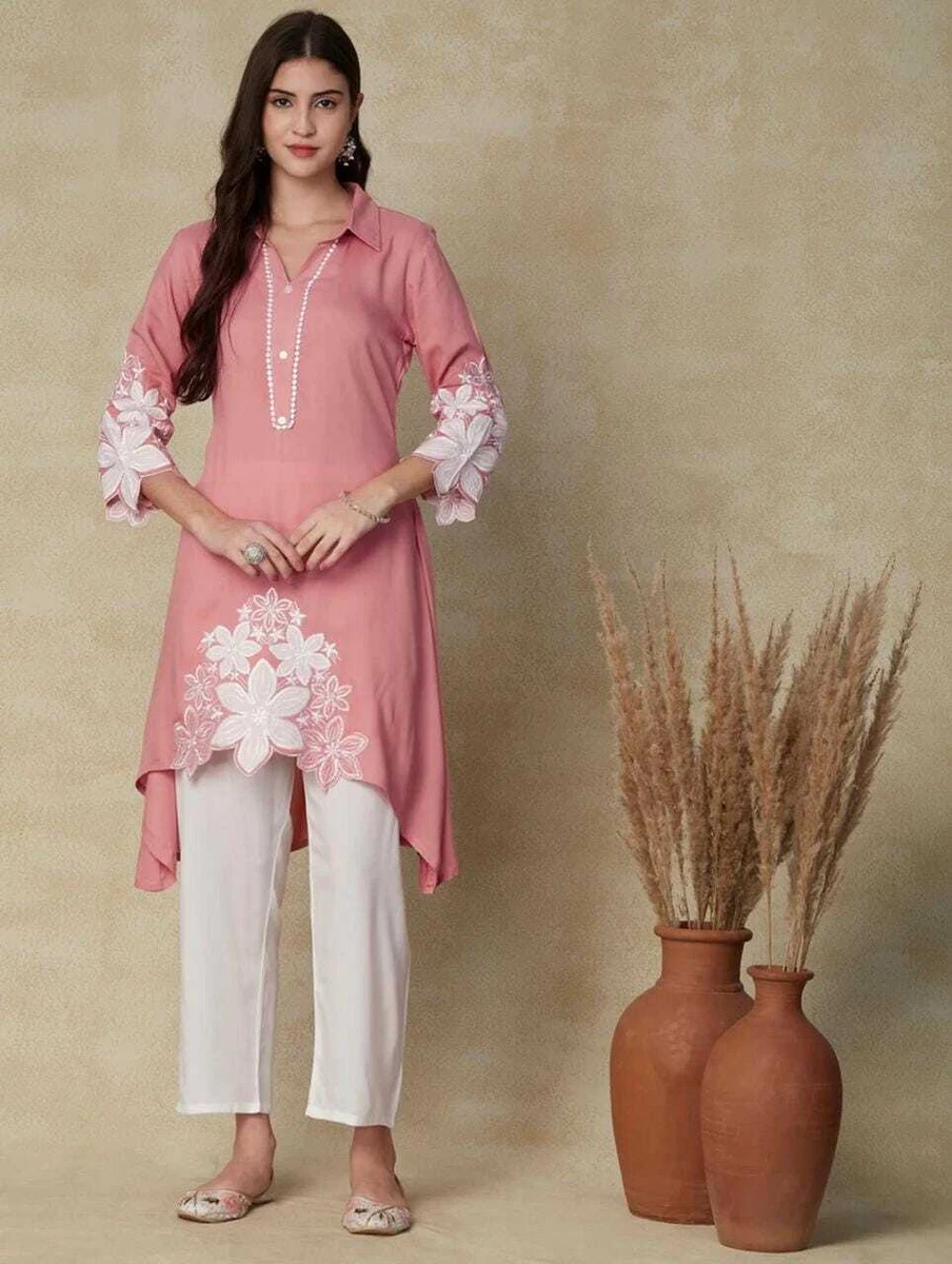 Pretty Peach Colored Casual Wear Embroidered Cotton Kurti - Pant Set