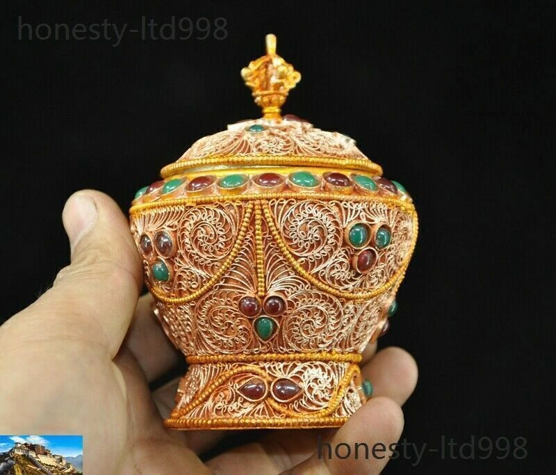 Filigrana de prata tibetana tibetana antiga 4" ouro 24k dourada incrustada gema tanques pote de crock - Imagem 3 de 4