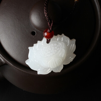 Natural White Jadeite Lotus Pendant Genuine Jade Gold Women Man's Gift 30*25mm