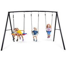 Hapfan 4 IN 1 Metal Swing Set for Outdoor Kids Adult w/3 Swings Heavy Duty Frame