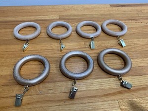 7 Wood Drapery Curtain Rod Rings With Eye Hooks & Clips 1 7/8" ID