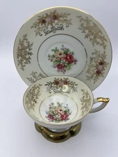 Vintage Del Mar Japan Teacup and Saucer Hand Painted Raised 24k Gold Luster