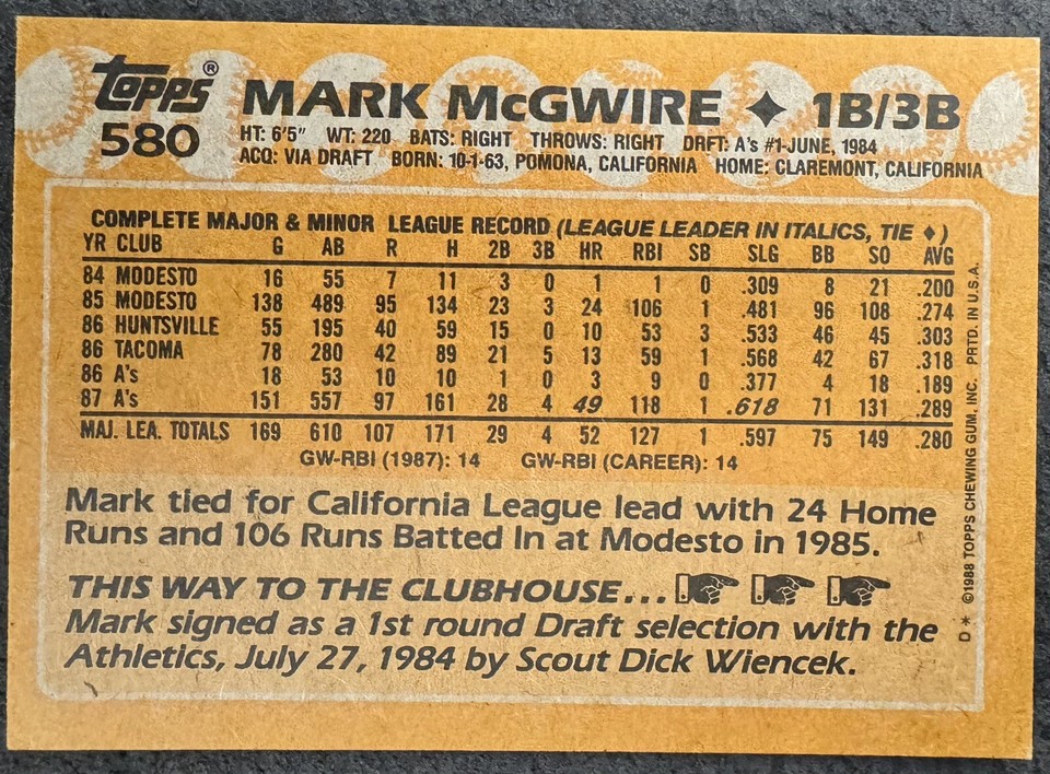 1988 Topps - Topps All-Star Rookie #580 Mark McGwire | eBay