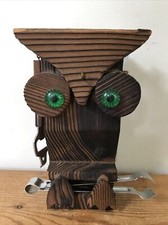 Vintage 70s Handmade Raised Grain Wood Owl Cocktail Bar Tool Caddy Set Holder