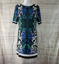 Eliza J Womens Dress Sz 2 Blue Black Floral Half Sleeves Exposed Zipper