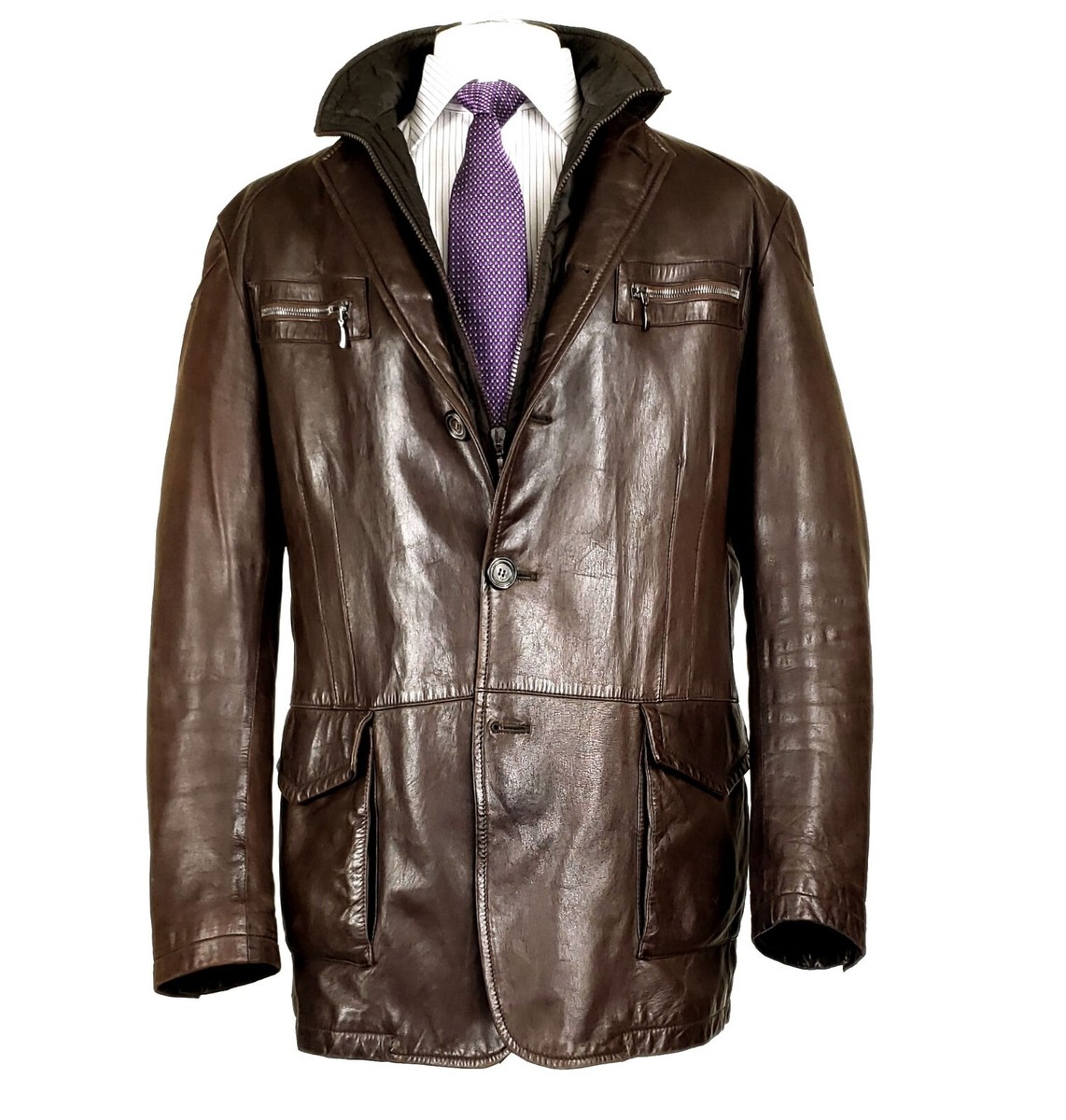 Tombolini Sz 44 Lamb Skin Leather Coat w/ Zip Liner Brown