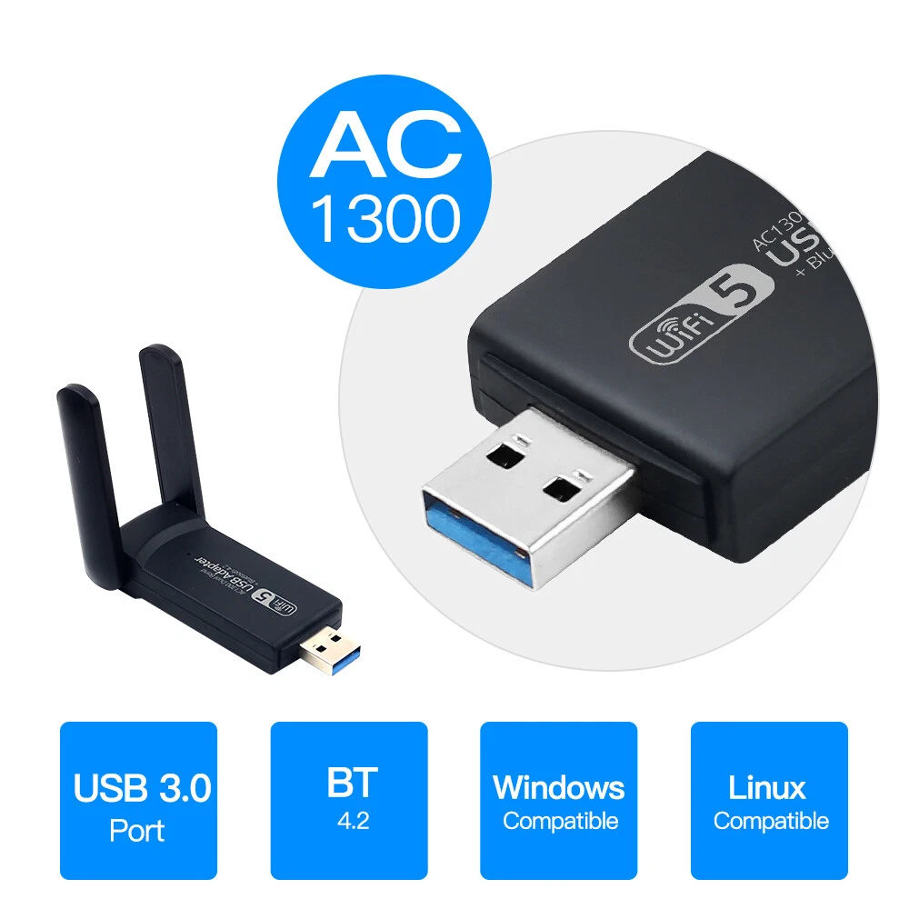 DERAPID AC1300 USB WiFi Bluetooth Adapter 1300Mbps Dual Band 2.4Ghz/5Ghz  Wireless Network External Receiver Mini USB 3.0 WiFi Card for  PC/Laptop/Desktop Compatible with Windows 7/8/10 