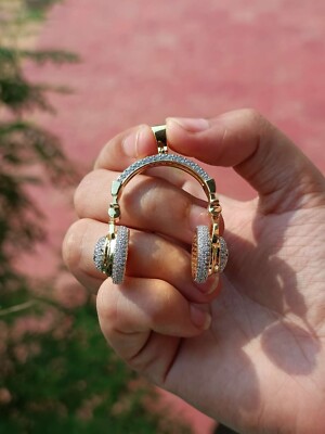 2.50 Ctw Round Cut Diamond Headphone Pendant 1.3'' 14K Yellow Gold Over