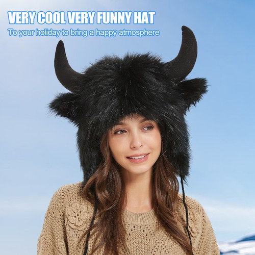 Plush Hat With Horns Winter Warm Fluffy Headwear Plush Earflap Hat - Picture 6 of 14