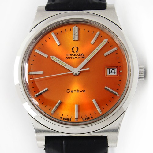 Vintage Omega Geneve Automatic Date Sunburst Orange 36mm Men Watch 1660173