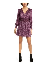 LEYDEN Womens Fit + Flare Short Dress Purple Long Sleeve V Neck Floral L