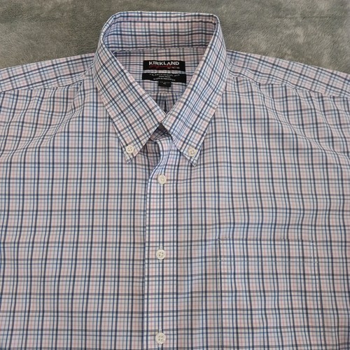 Kirkland Signature Shirt Mens 17.5 Pink Plaid Long Sleeve Button Down - Picture 2 of 9