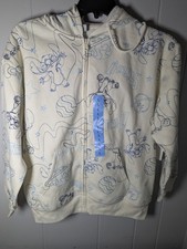 Disney's Stitch Character Cream Blue Stitching Zip-up Hoodie Size L New Ladies