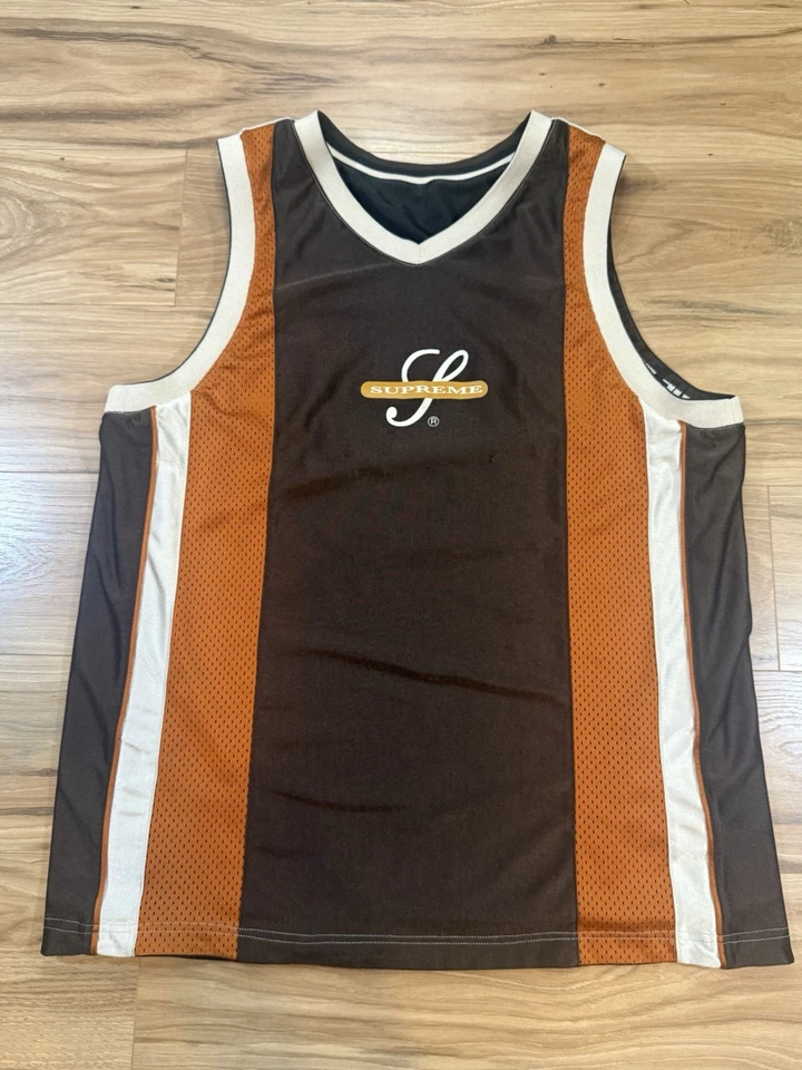 Camiseta deportiva de baloncesto reversible Supreme SS22 marrón negra malla talla L usada auténtica Foto 2 de 4