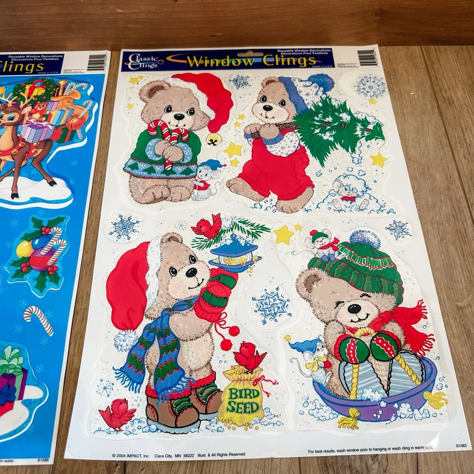 VTG 2000’s (2) Christmas Window Clings Decals Santa Reindeer Teddy Bears - Image 3 of 4