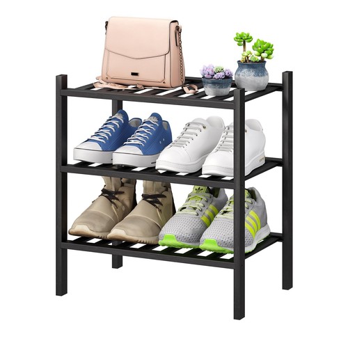 Small Shoe Rack for Entryway,3-Tier Black Bamboo Shoe Organizer for Hallway Clos