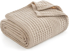 Lightweight Waffle Weave Blanket Queen for Bed Light Tan 90"x90" Breathable