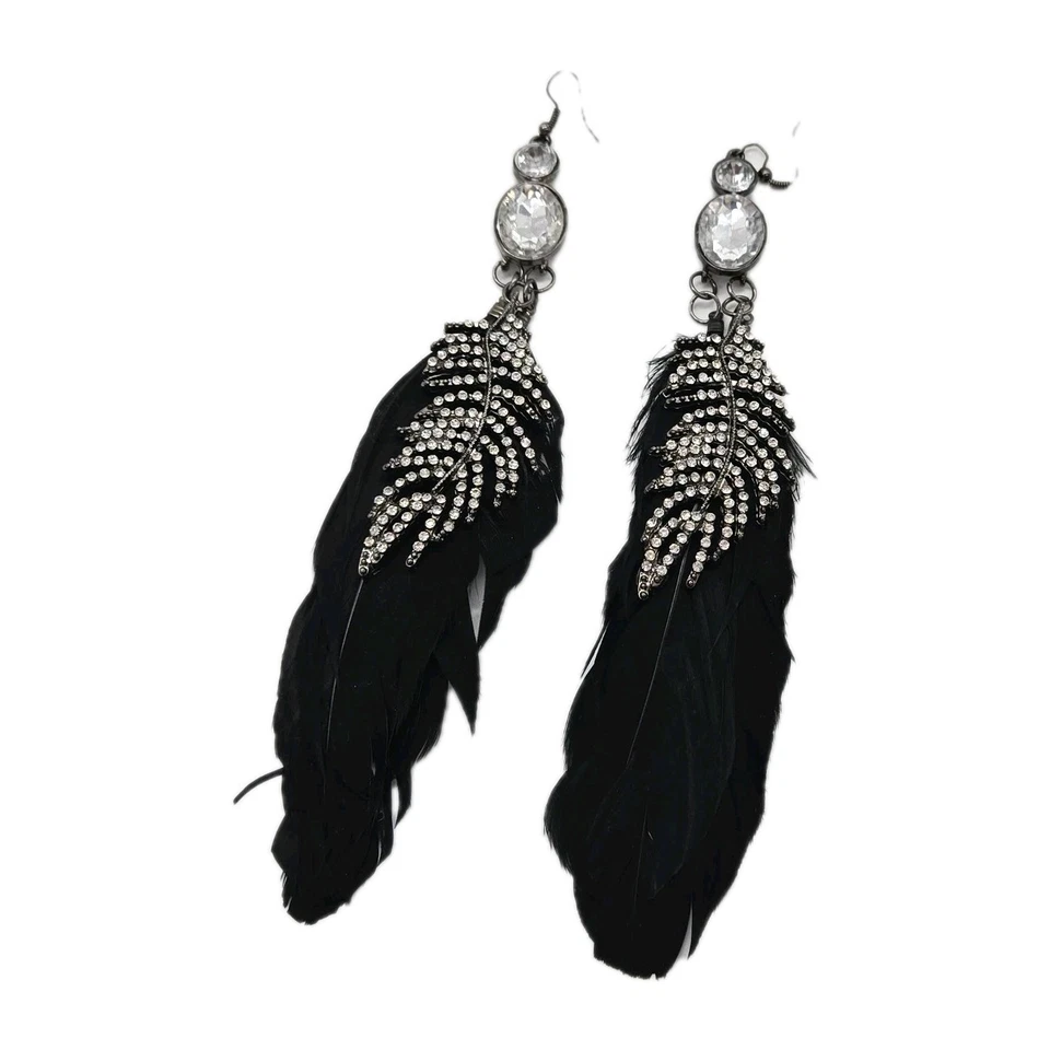 Black Feather Earrings Crystal Accent Silver tone Bohemian extra Long 7 in - Image 2 of 4