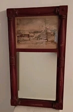 New England Winter Scene Currier and ives Wooden Mirror Framed Art Vintage