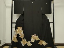 Heiwaya Kimono Luxurious black tomesode piece embroidery colored paper layered
