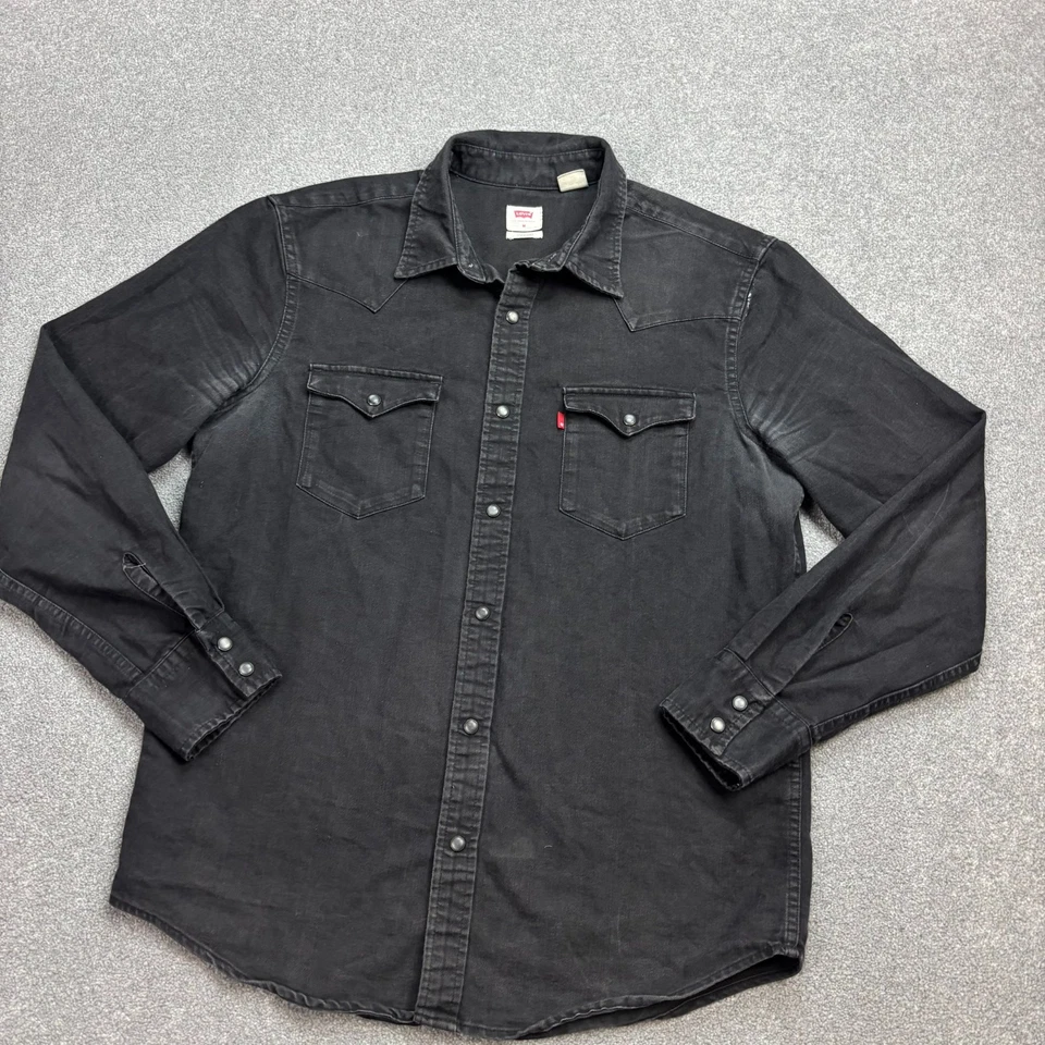 Levis Denim Shirt Adult Medium Black Sawtooth Snap Western Red Tab Rodeo Mens* - Image 2 of 4