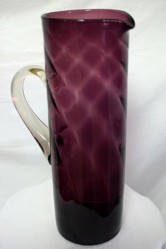 MCM Blenko ? Amethyst Optic Glass-W.Va.-Tall Column Pitcher-13.75" Clear Handle - Picture 3 of 12