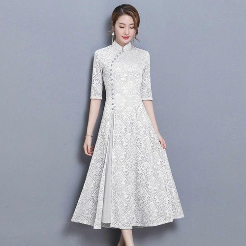 Lady Lace Floral Collar Ethnic Mandarin Chinese Half Sleeve Long Dress Qipao Hot - Picture 17 of 18