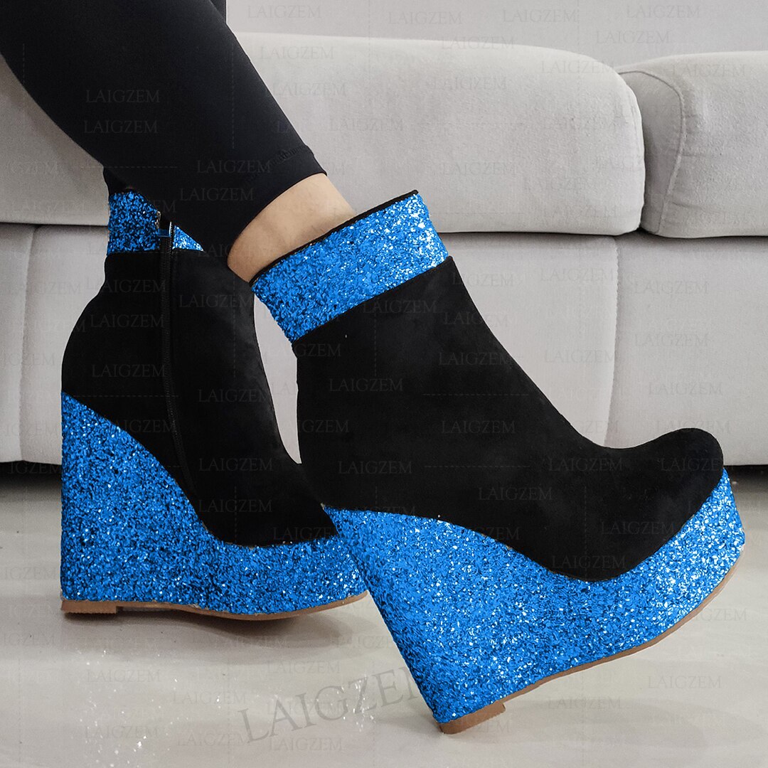 Women Ankle Boots Platform Wedges Bling Glitter Faux Suede Short