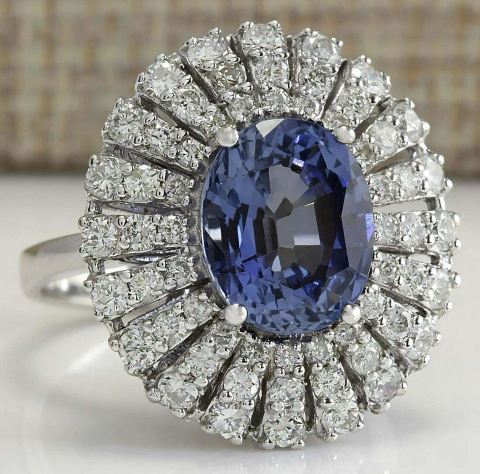 7.00TCW Light Blue Oval Sapphire With Shiny White CZ Cluster Fine Party Ring - Image 2 of 4