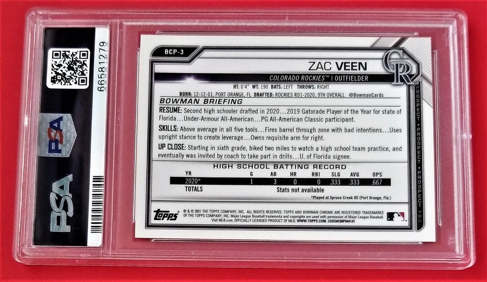 2021 Bowman Chrome #BCP3 Prospect *Zac Veen* Atomic Ref. RC PSA Gem Mt. 10 - Image 4 of 4