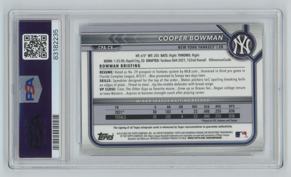 2022 Bowman Chrome Prospects Cooper Bowman New York Yankees #CPA-CB - Image 2 of 2
