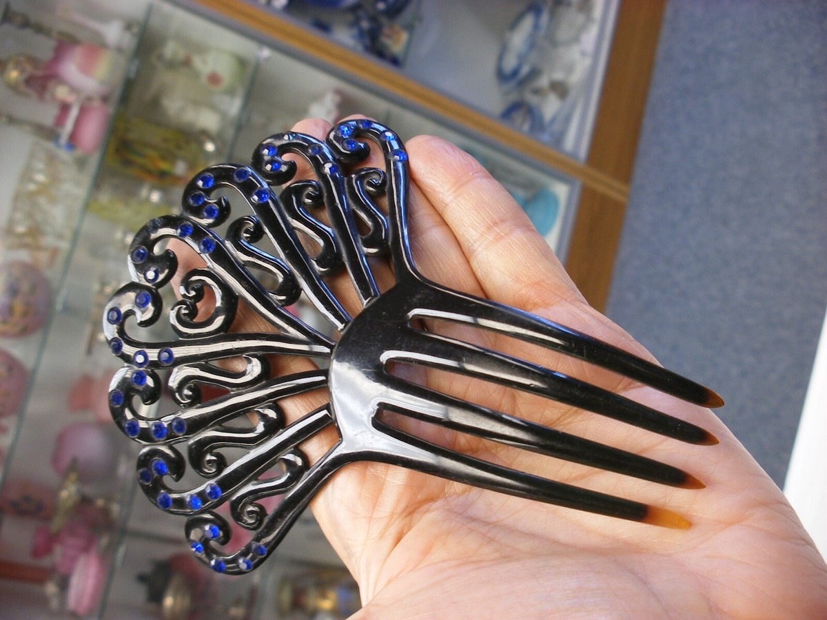 Antique Victorian or Art Deco Hair Comb - Blue Rhinestones  display picture 2
