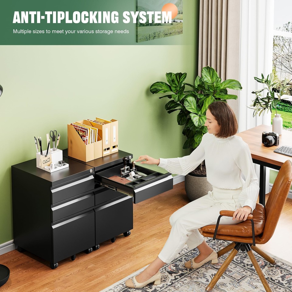 3 Drawer Mobile File with Lock,Under Desk Metal Filing