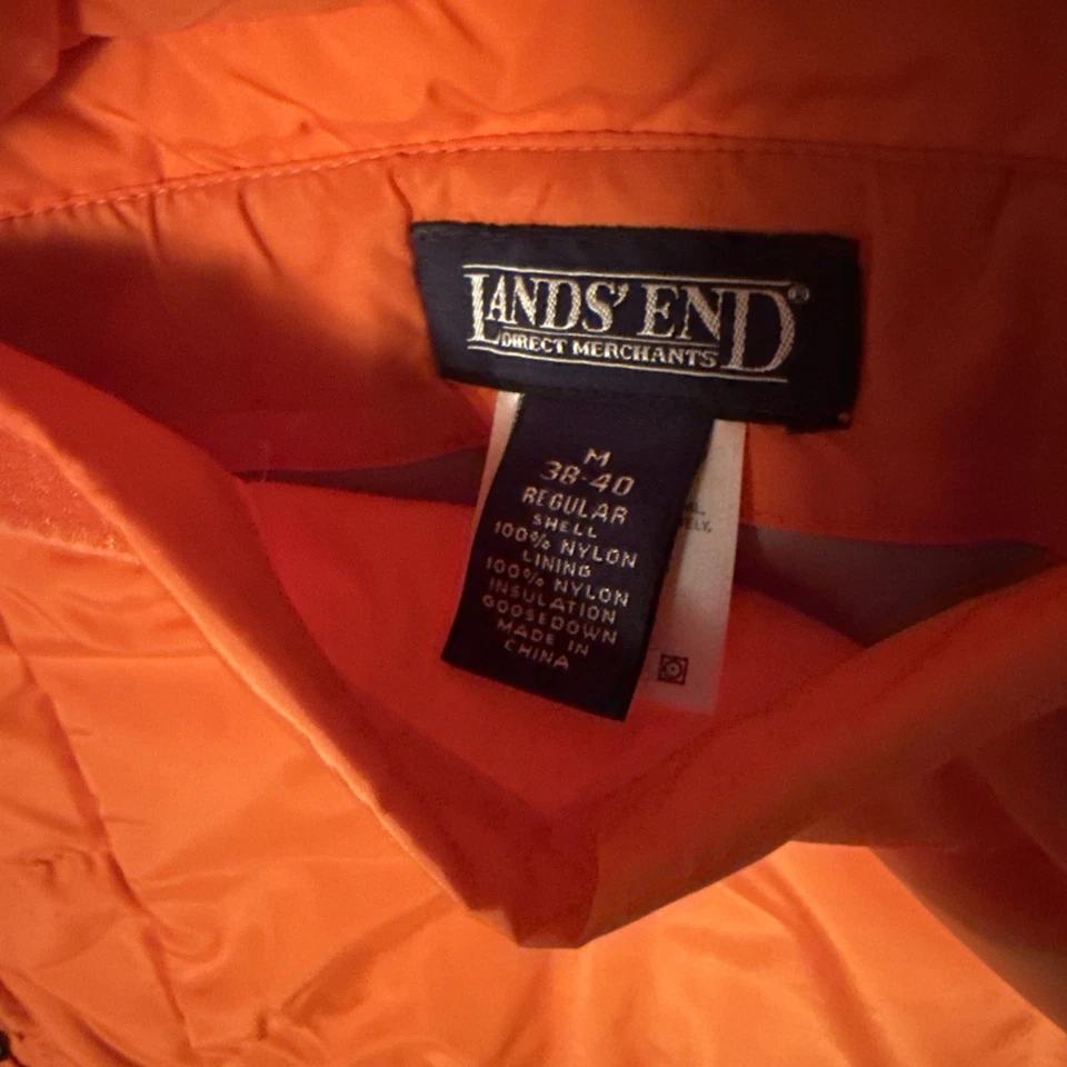 Lands End Coat Men Medium Orange Down Puffer Long Quilted Goose Down Warm - Image 3 of 4